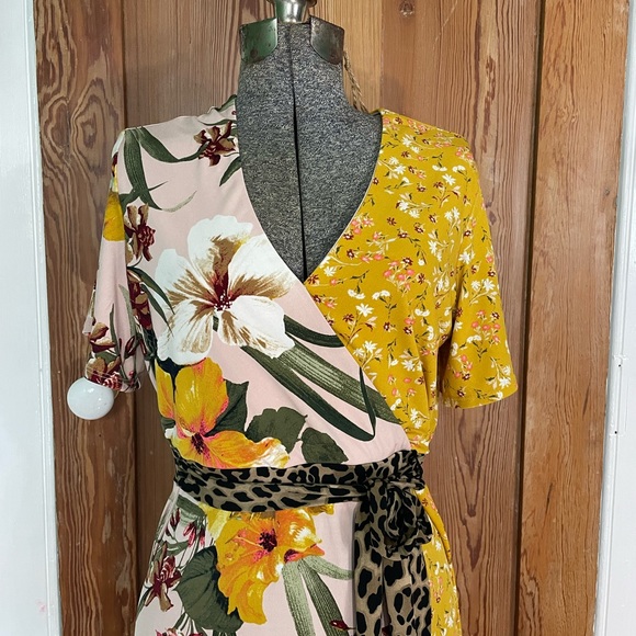Leopard Print Floral Patchwork Midi Crossover Tie Dress - Size Medium - Picture 2 of 11